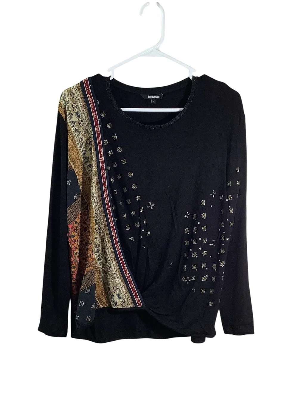 Desigual Black Long-Sleeve Mixed-Print Top with Gold Accents